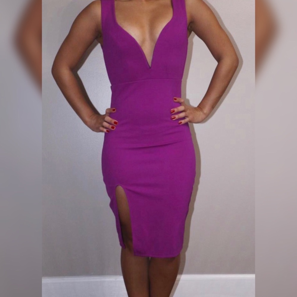 purple v neck dress